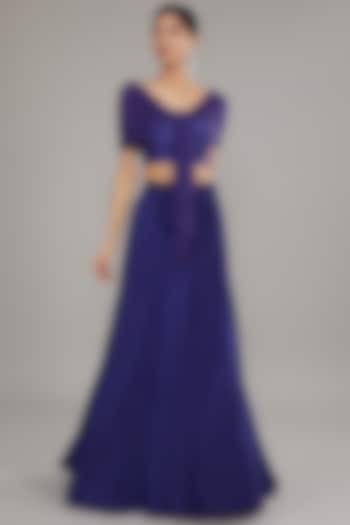 Blue Crepe Embroidered Skirt Set by Disha Patil at Pernia's Pop Up Shop