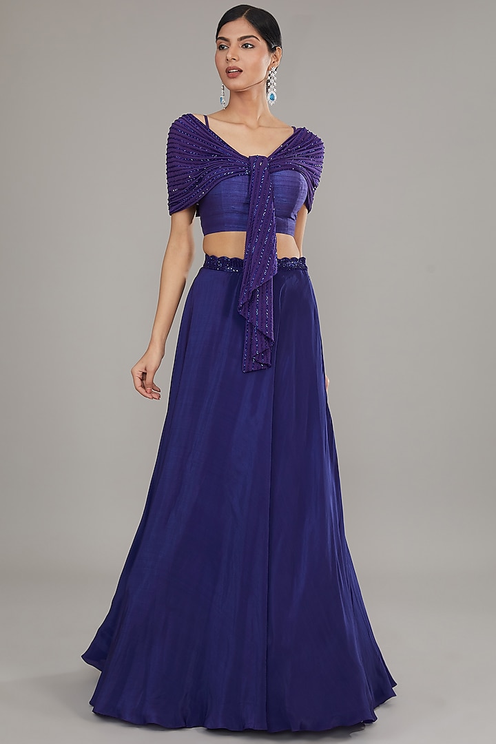 Blue Crepe Embroidered Skirt Set by Disha Patil at Pernia's Pop Up Shop