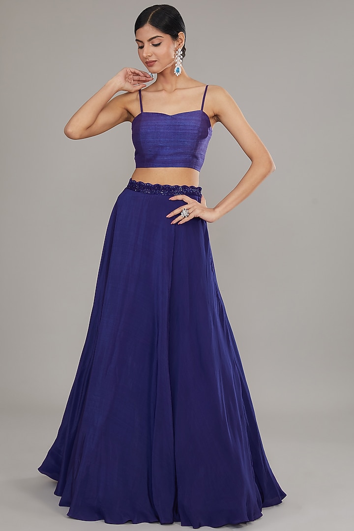 Blue Crepe Embroidered Skirt Set by Disha Patil at Pernia's Pop Up Shop