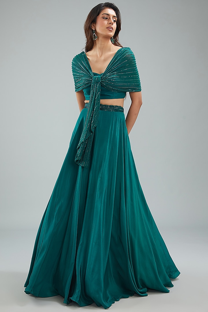 Emerald Green Crepe Hand Embroidered Skirt Set by Disha Patil at Pernia's Pop Up Shop