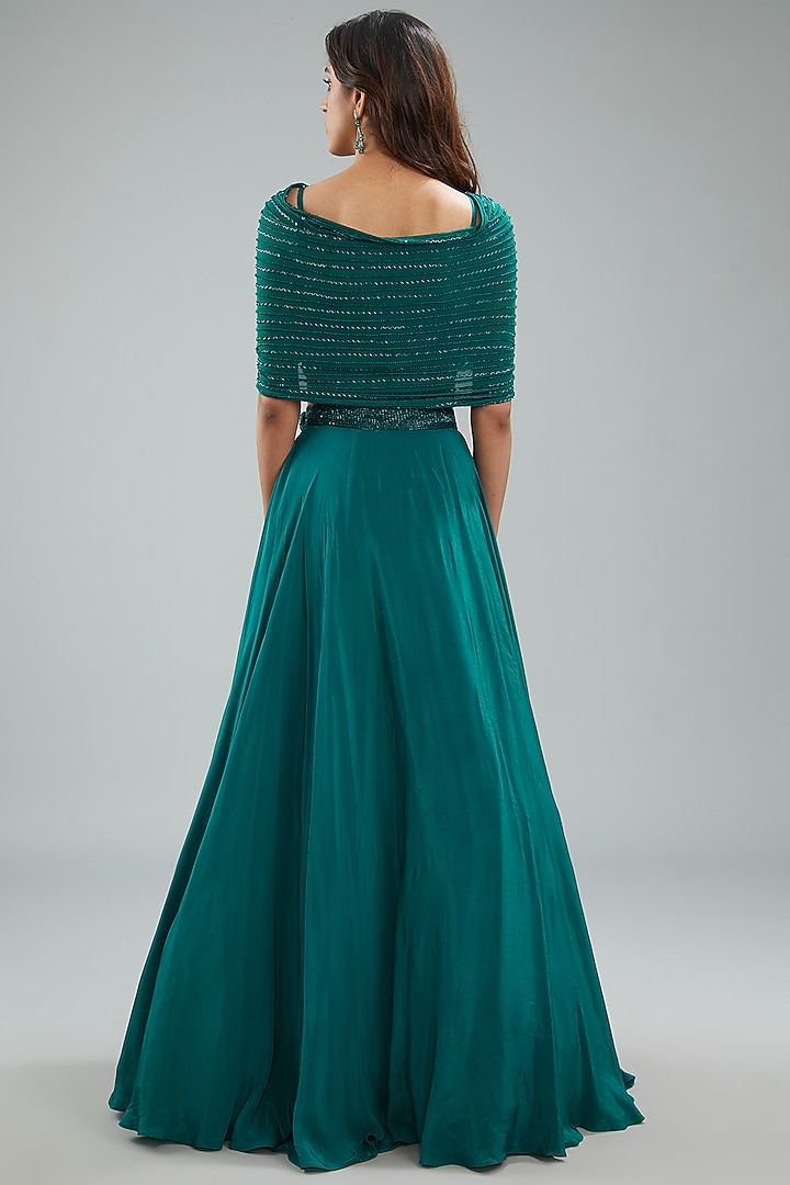 Emerald Green Crepe Hand Embroidered Skirt Set by Disha Patil at Pernia's Pop Up Shop