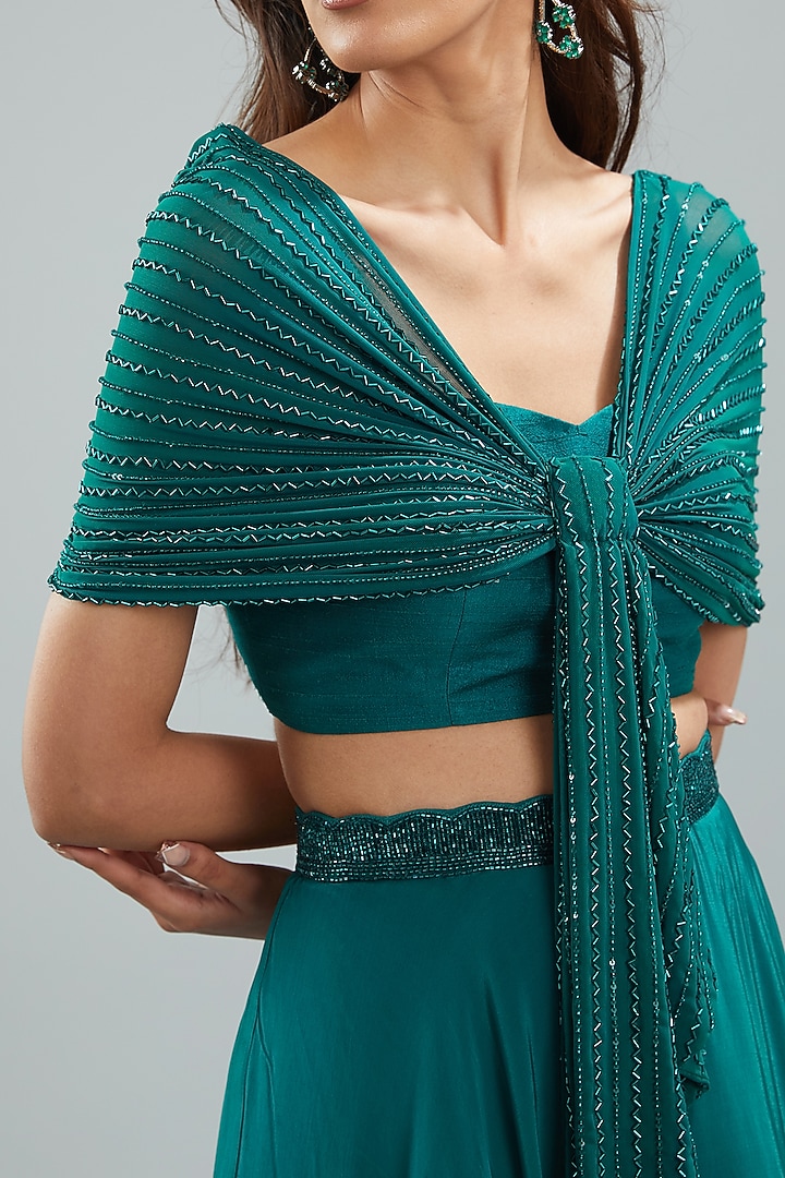 Emerald Green Crepe Hand Embroidered Skirt Set by Disha Patil at Pernia's Pop Up Shop