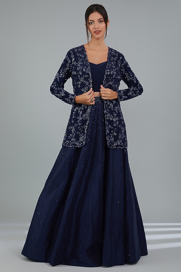 MIdnight Blue Crepe Skirt Set by Disha Patil at Pernia's Pop Up Shop