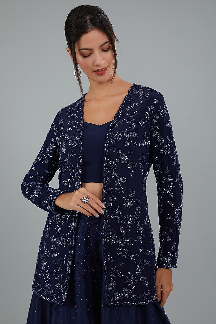 MIdnight Blue Crepe Skirt Set by Disha Patil at Pernia's Pop Up Shop