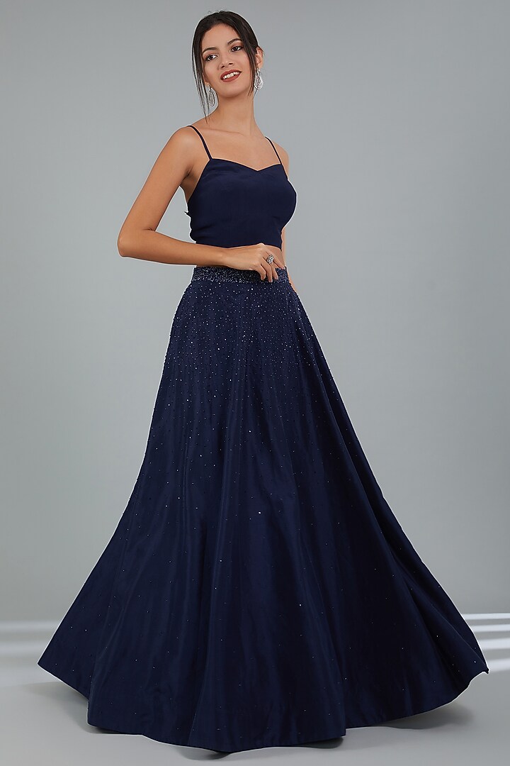 MIdnight Blue Crepe Skirt Set by Disha Patil at Pernia's Pop Up Shop