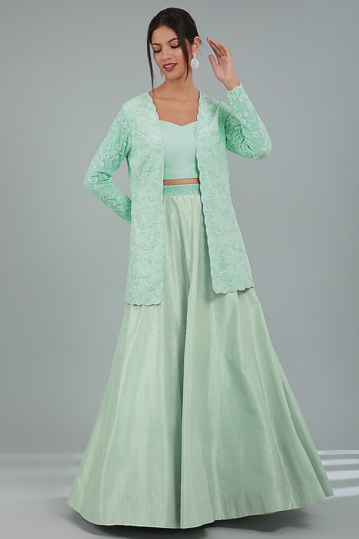 Misty Jade Green Crepe Skirt Set by Disha Patil at Pernia's Pop Up Shop