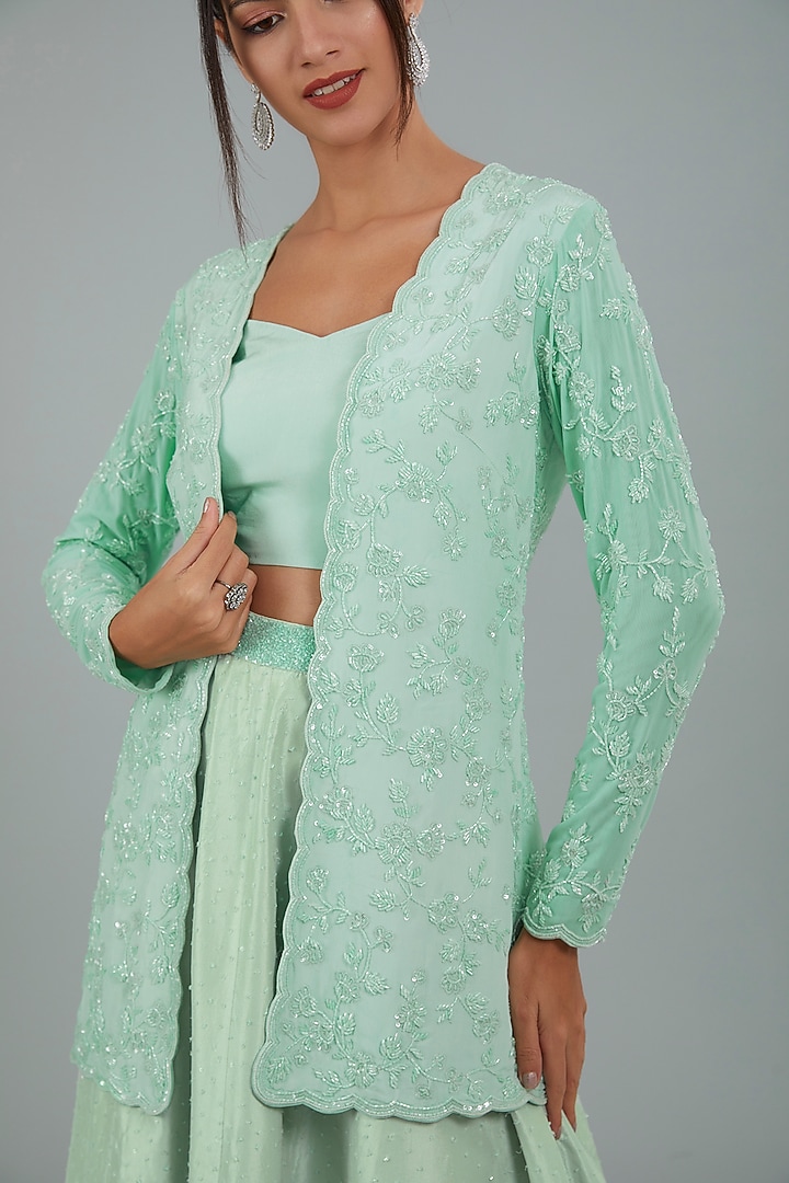 Misty Jade Green Crepe Skirt Set by Disha Patil at Pernia's Pop Up Shop