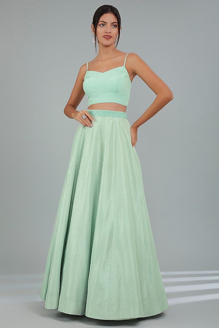 Misty Jade Green Crepe Skirt Set by Disha Patil at Pernia's Pop Up Shop