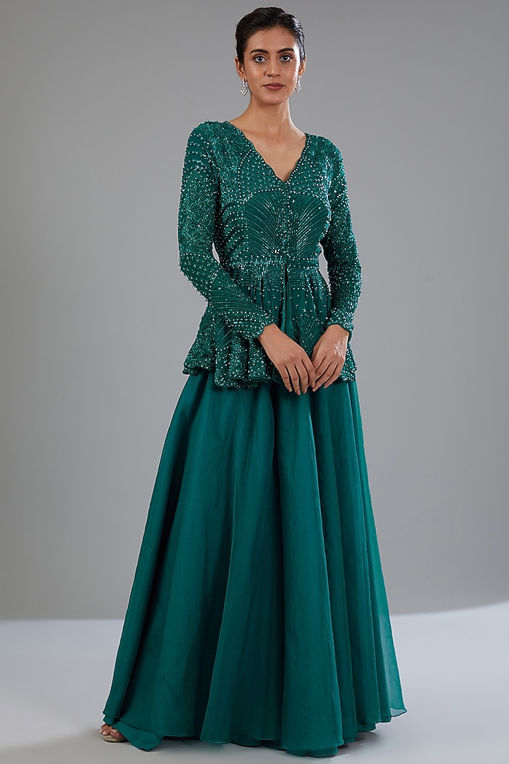 Emerald Green Organza Flared Pant Set by Disha Patil at Pernia's Pop Up Shop