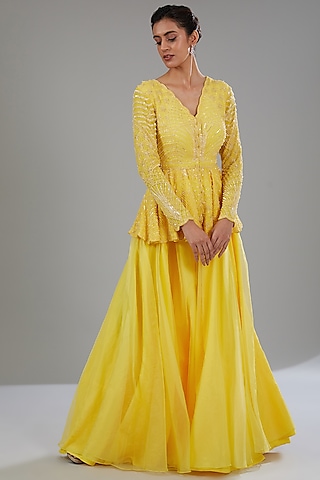 Yellow Organza Flared Pant Set by Disha Patil