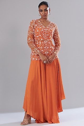 Rust Orange Hand Embroidered Jacket Set by Disha Patil