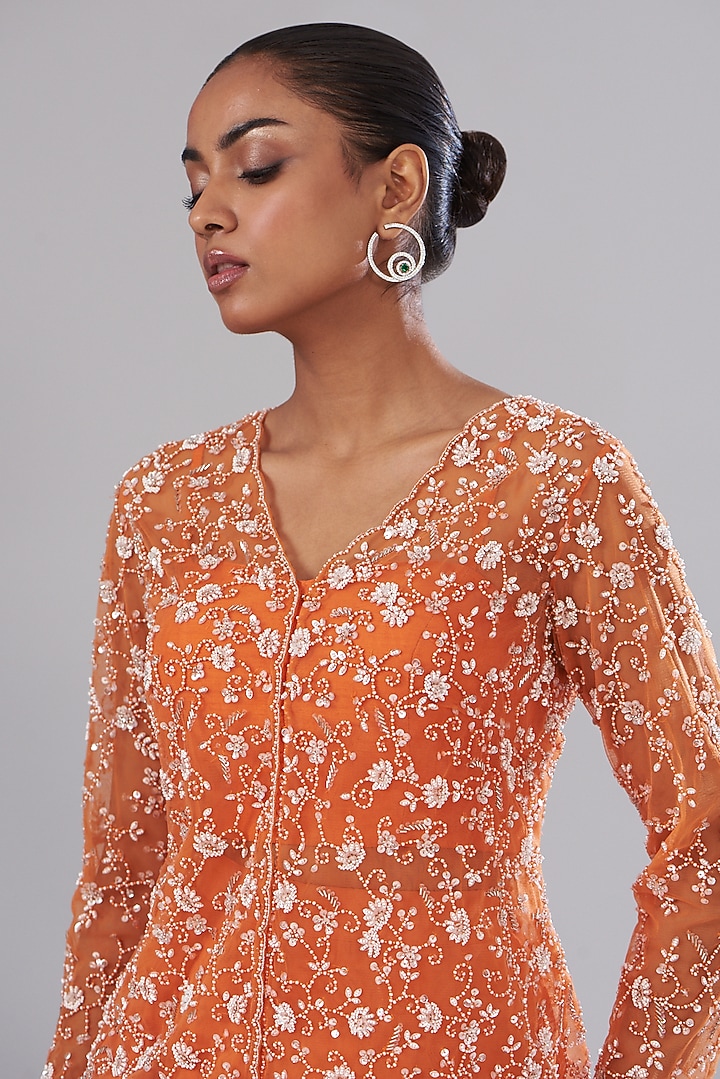 Rust Orange Hand Embroidered Jacket Set by Disha Patil at Pernia's Pop Up Shop