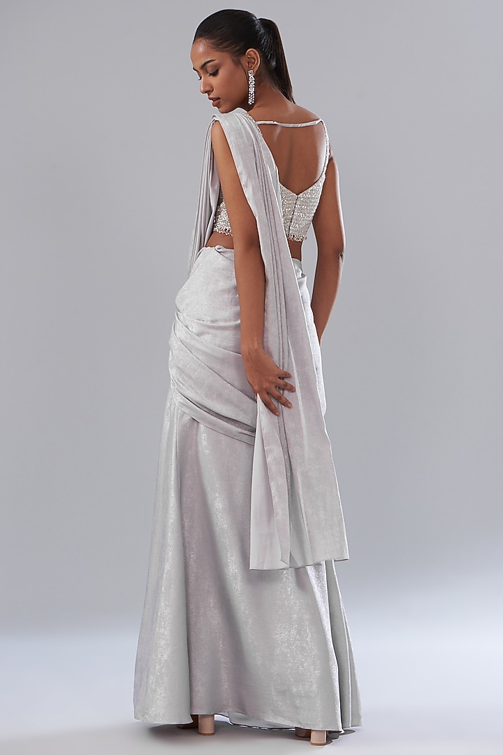Silver Shimmer Fabric Hand Embroidered Wedding Saree Set by Disha Patil at Pernia's Pop Up Shop