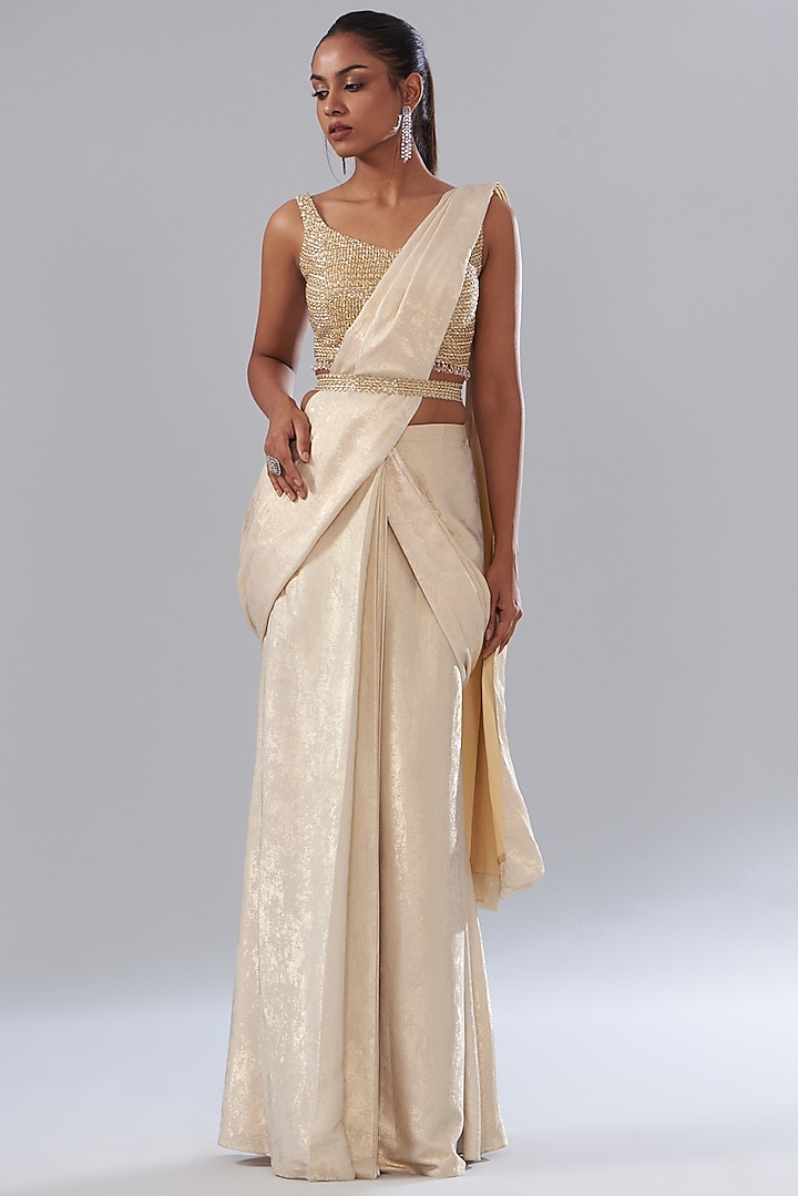 Gold Shimmer Fabric Draped Saree Set by Disha Patil