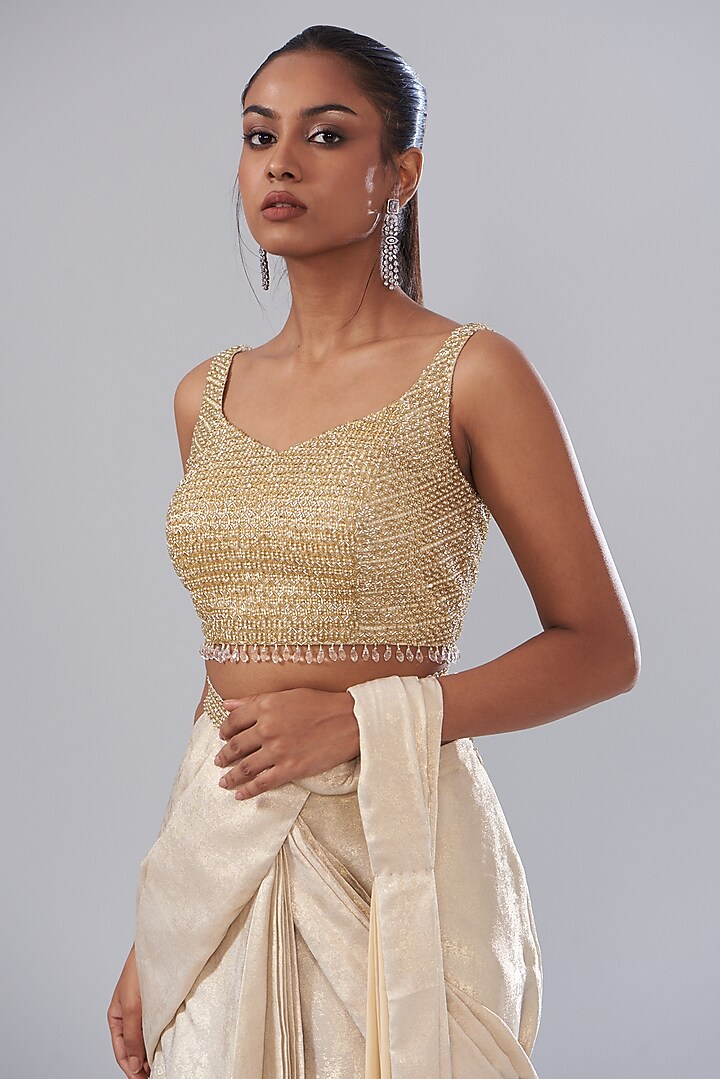 Gold Shimmer Fabric Draped Wedding Saree Set by Disha Patil at Pernia's Pop Up Shop