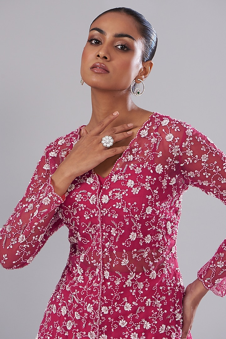 Cherry Red Hand Embroidered Jacket Set by Disha Patil at Pernia's Pop Up Shop