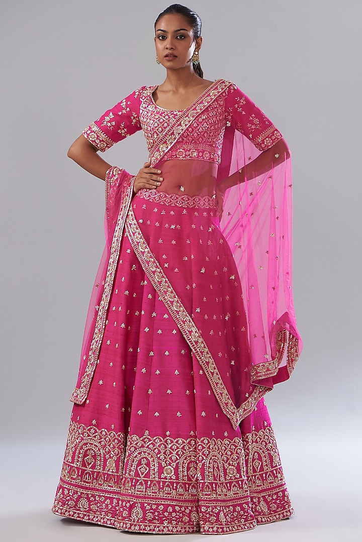 Pink Raw Silk Hand Embellished Lehenga Set by Disha Patil
