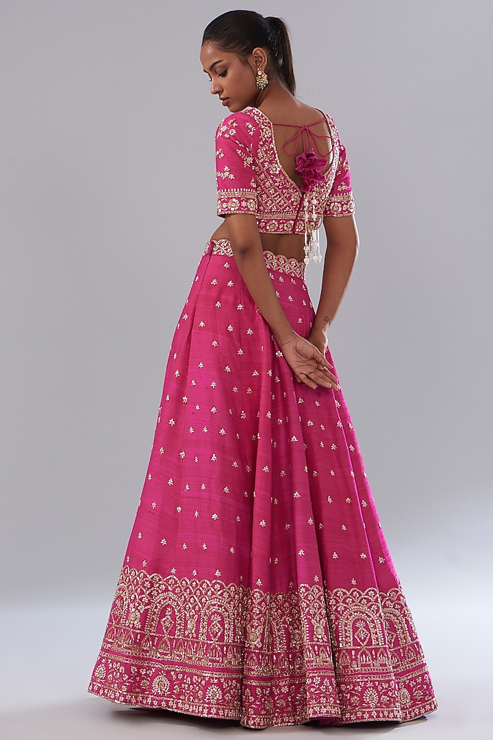 Pink Raw Silk Hand Embellished Wedding Lehenga Set by Disha Patil at Pernia's Pop Up Shop