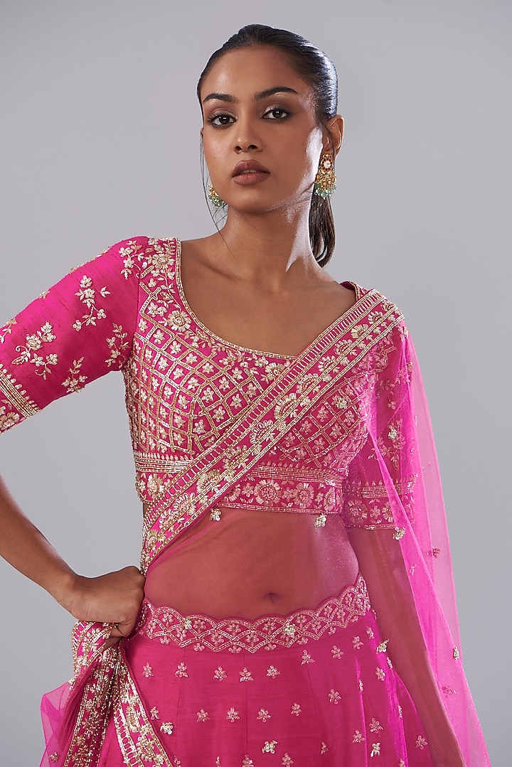 Pink Raw Silk Hand Embellished Wedding Lehenga Set by Disha Patil at Pernia's Pop Up Shop