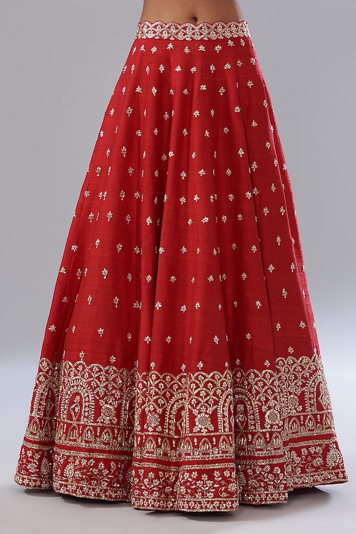 Cherry Red Raw Silk Hand Embellished Wedding Lehenga Set by Disha Patil at Pernia's Pop Up Shop