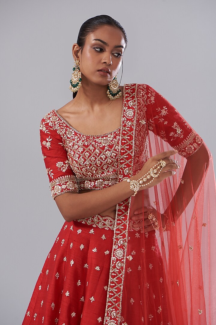 Cherry Red Raw Silk Hand Embellished Wedding Lehenga Set by Disha Patil at Pernia's Pop Up Shop