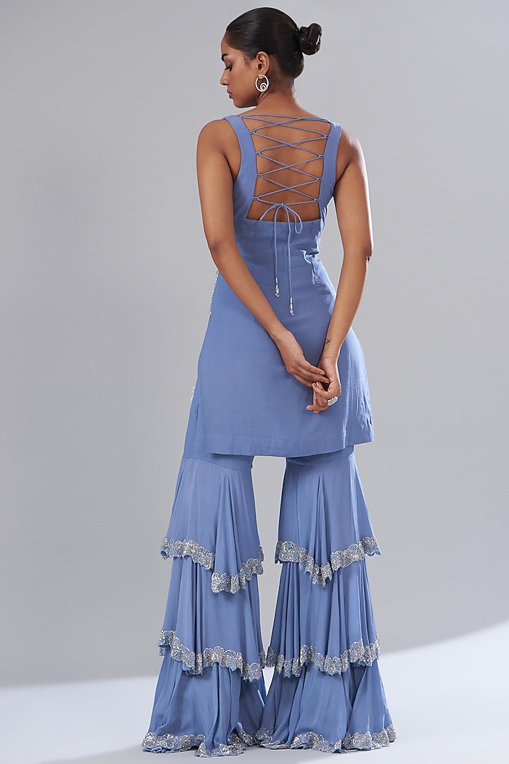 Periwinkle Blue Crepe & Organza Embroidered Wedding Sharara Set by Disha Patil at Pernia's Pop Up Shop