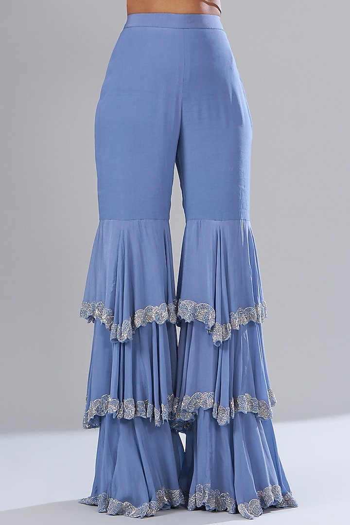 Periwinkle Blue Crepe & Organza Embroidered Wedding Sharara Set by Disha Patil at Pernia's Pop Up Shop