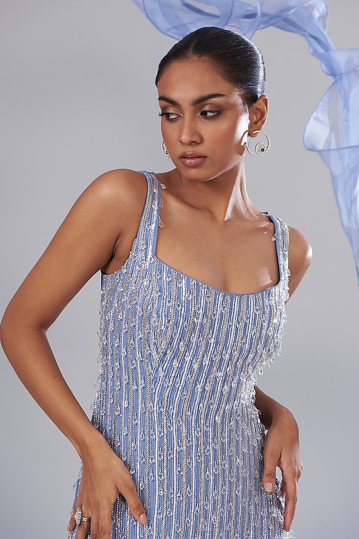Periwinkle Blue Crepe & Organza Embroidered Wedding Sharara Set by Disha Patil at Pernia's Pop Up Shop