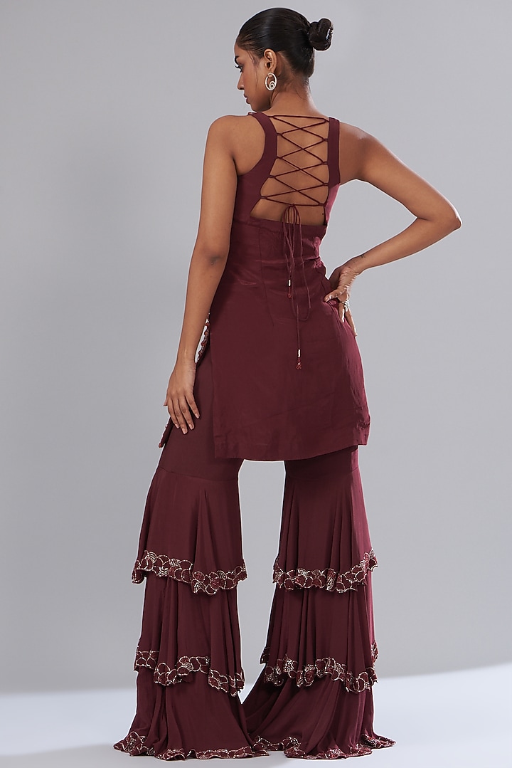 Wine Crepe & Organza Embroidered Wedding Sharara Set by Disha Patil at Pernia's Pop Up Shop