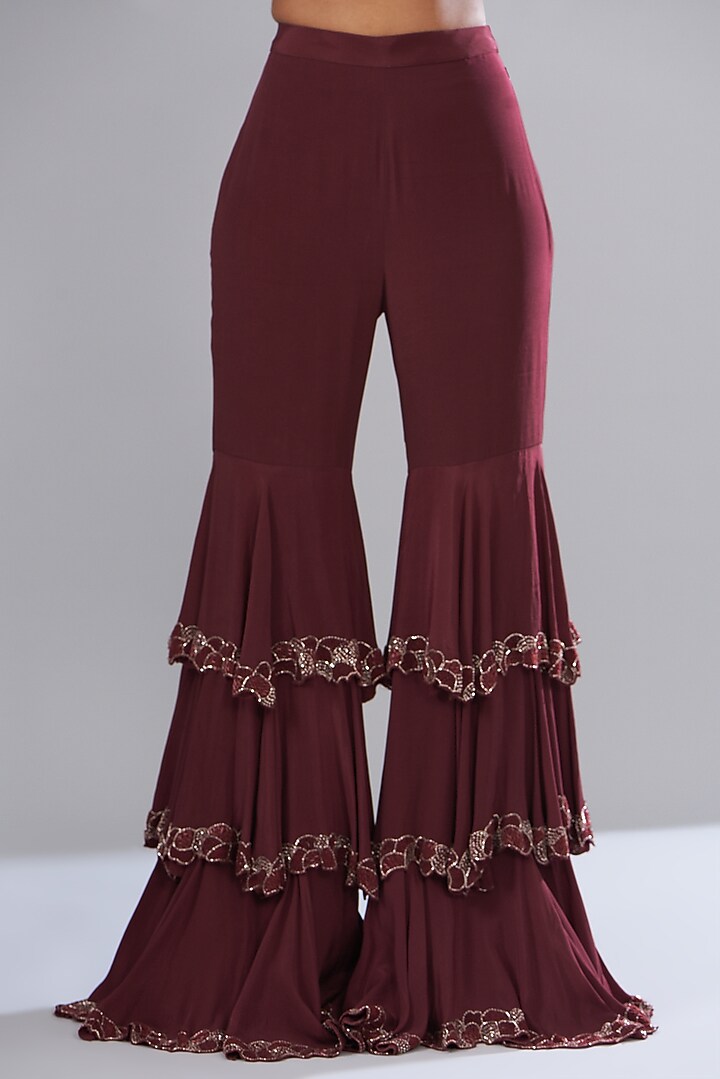 Wine Crepe & Organza Embroidered Wedding Sharara Set by Disha Patil at Pernia's Pop Up Shop