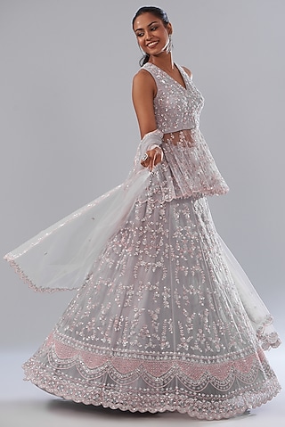 Grey Net Hand Embellished Lehenga Set by Disha Patil