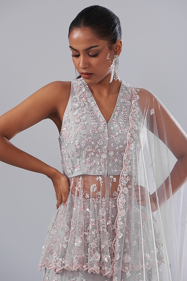 Grey Net Hand Embellished Bridal Lehenga Set by Disha Patil at Pernia's Pop Up Shop
