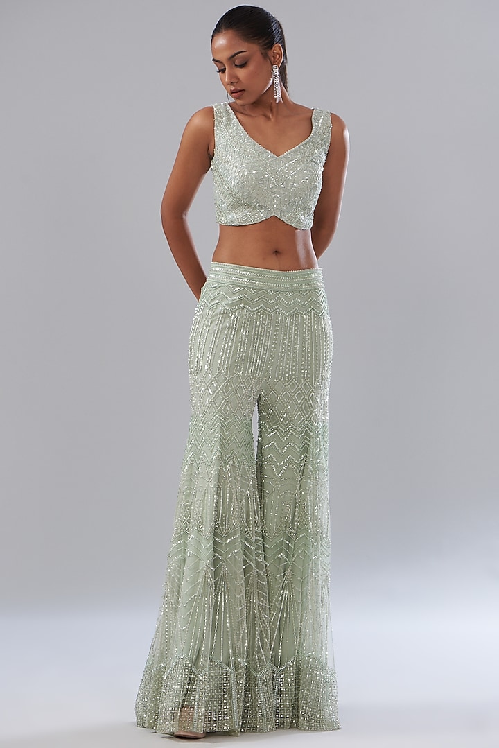 Green Net Hand Embellished Bridal Sharara Set by Disha Patil at Pernia's Pop Up Shop