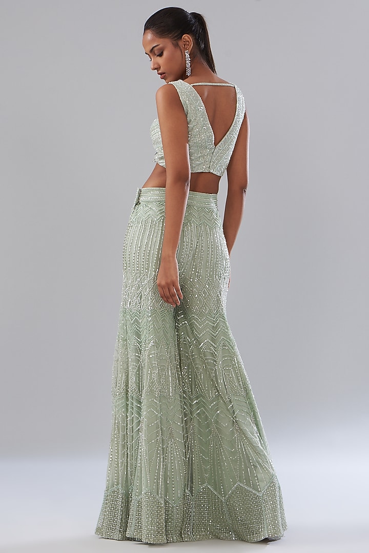 Green Net Hand Embellished Bridal Sharara Set by Disha Patil at Pernia's Pop Up Shop