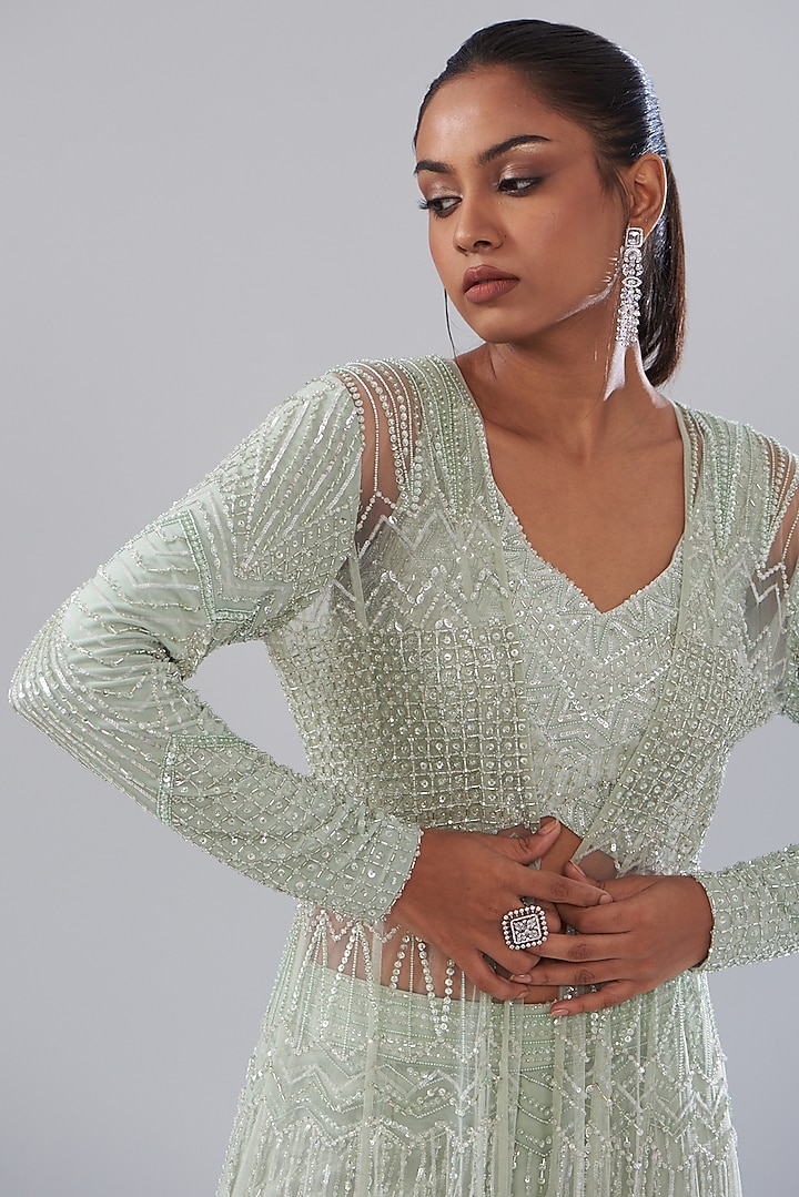 Green Net Hand Embellished Bridal Sharara Set by Disha Patil at Pernia's Pop Up Shop