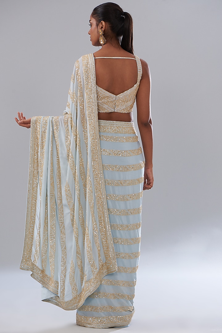 Blue Crepe Hand Embellished Wedding Saree Set by Disha Patil at Pernia's Pop Up Shop