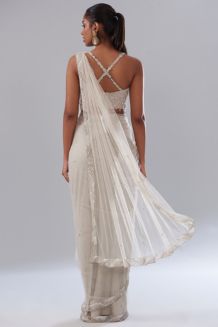 Grey Net Hand Embellished Pre-Pleated Wedding Saree Set by Disha Patil at Pernia's Pop Up Shop
