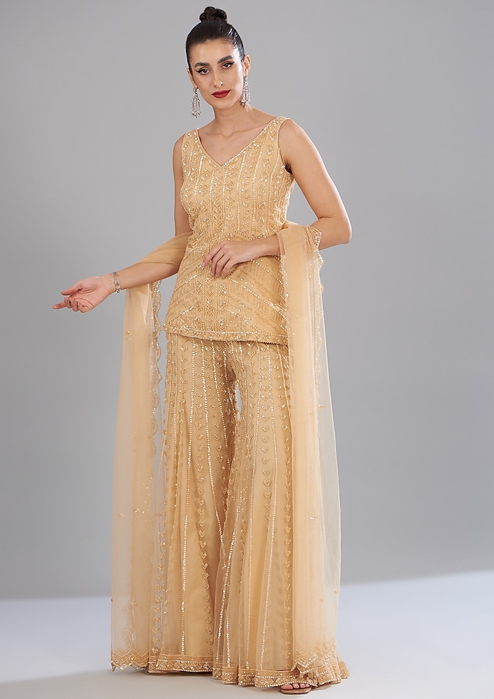 Beige Net Hand Embroidered Kurta Set by Disha Patil at Pernia's Pop Up Shop