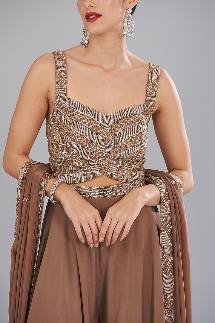 Mauve Crepe Pant Wedding Saree Set by Disha Patil at Pernia's Pop Up Shop