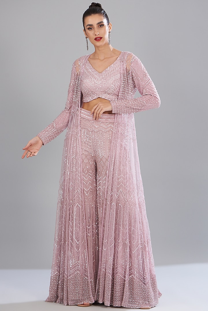 Lilac Net Embellished Jacket Set by Disha Patil at Pernia's Pop Up Shop