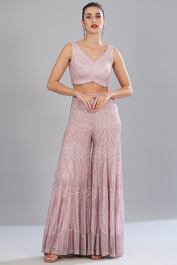 Lilac Net Embellished Jacket Set by Disha Patil at Pernia's Pop Up Shop