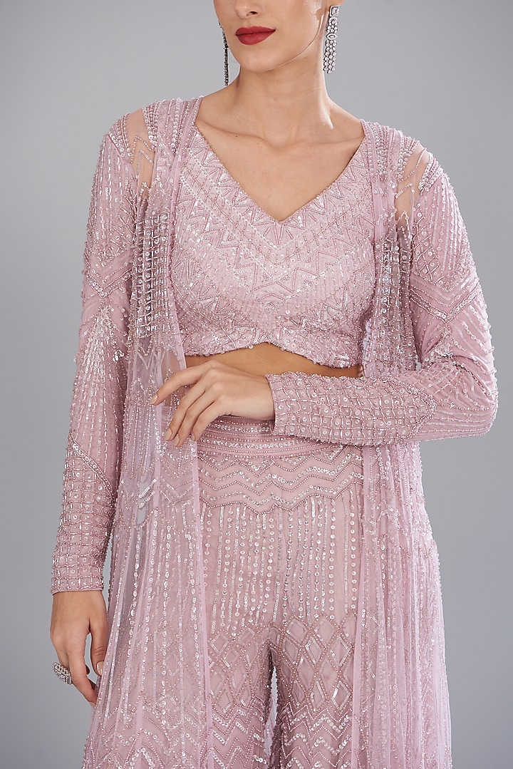 Lilac Net Embellished Jacket Set by Disha Patil at Pernia's Pop Up Shop