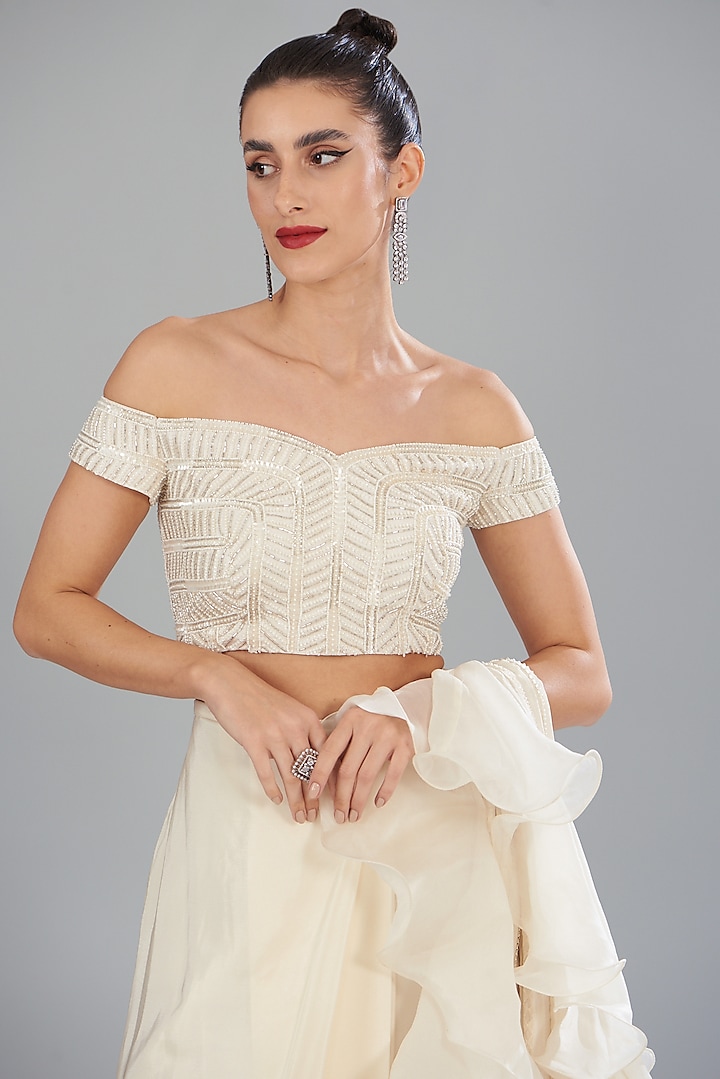 Ivory Crepe Pre-Draped Ruffle Wedding Saree Set by Disha Patil at Pernia's Pop Up Shop