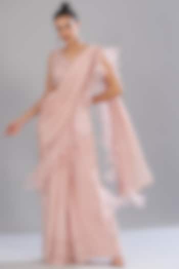 Blush Pink Crepe Pre-Draped Ruffle Wedding Saree Set by Disha Patil at Pernia's Pop Up Shop