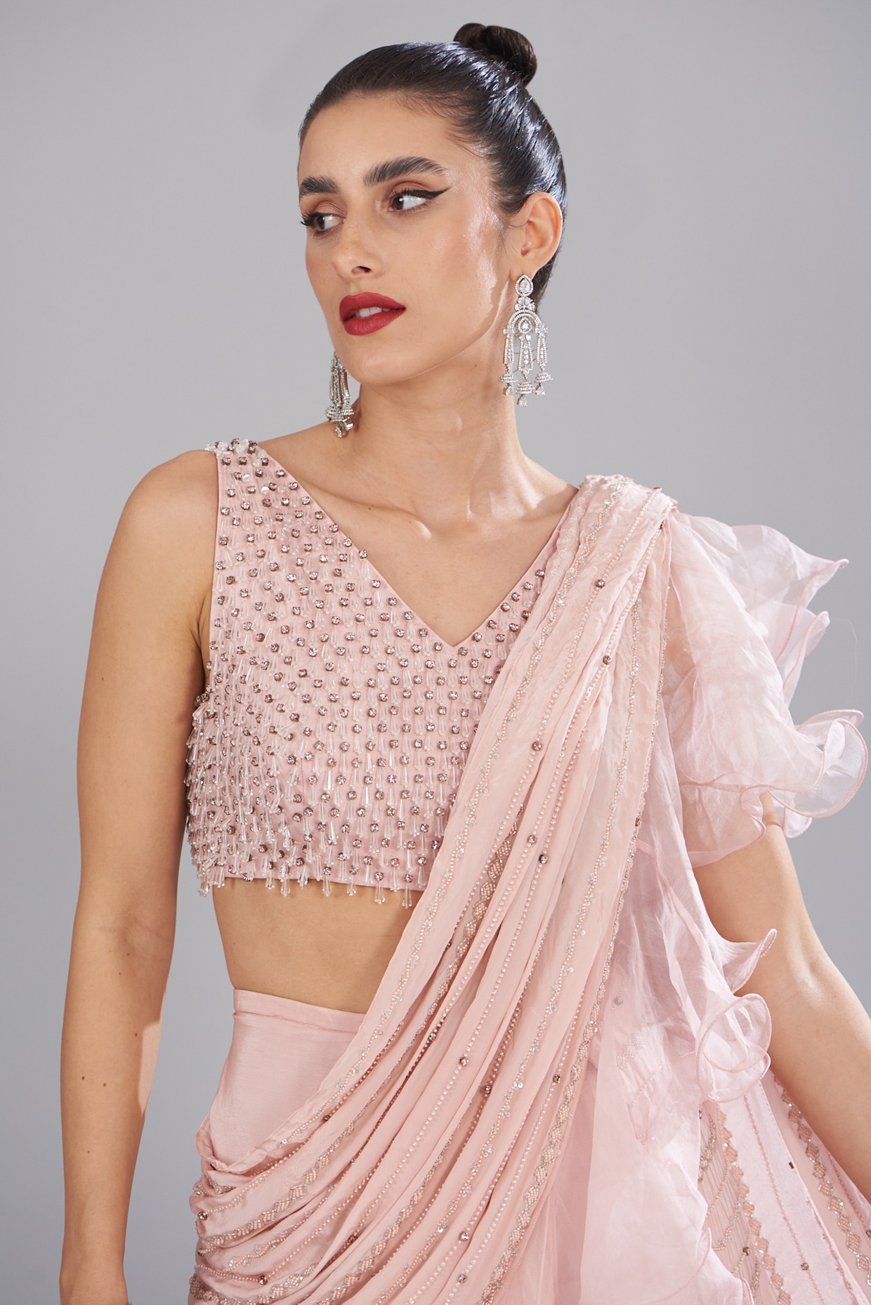 Light Pink Color Organza Saree with Balloon Sleeve Blouse -