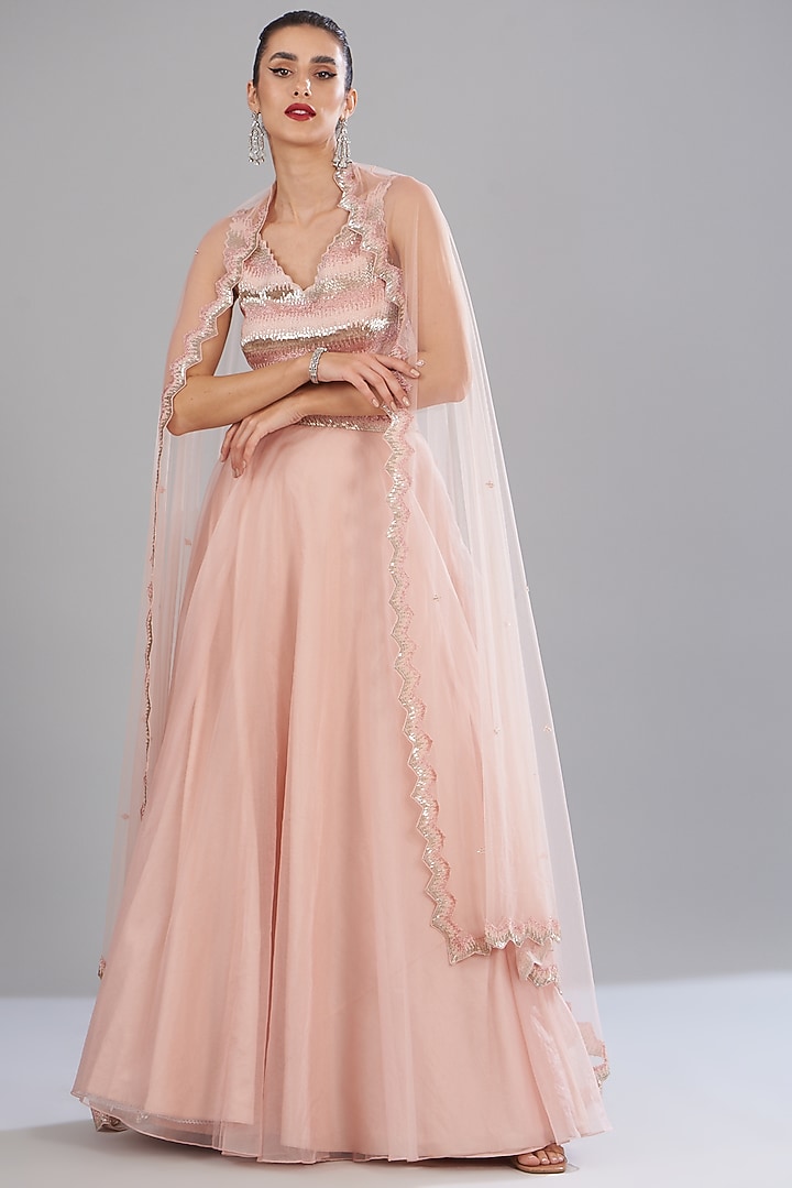 Blush Pink Organza Wedding Lehenga Set by Disha Patil at Pernia's Pop Up Shop