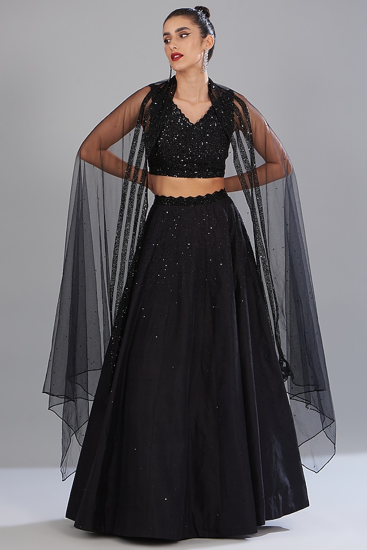 Black Dupion Embellished Wedding Lehenga Set by Disha Patil at Pernia's Pop Up Shop