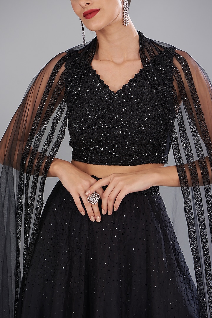 Black Dupion Embellished Wedding Lehenga Set by Disha Patil at Pernia's Pop Up Shop