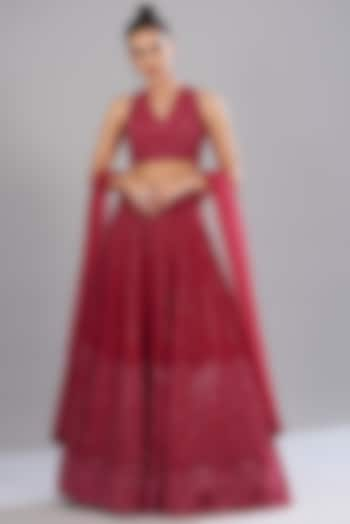 Red Raw Silk Embellished Bridal Lehenga Set by Disha Patil at Pernia's Pop Up Shop