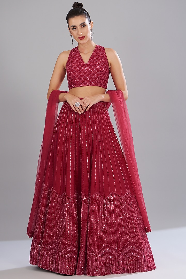 Red Raw Silk Embellished Lehenga Set by Disha Patil